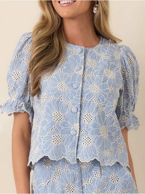 Vita Grace Tops - Vita Grace Blue Floral Embroidered Eyelet Cotton Puff Sleeve Blouse Top Size L